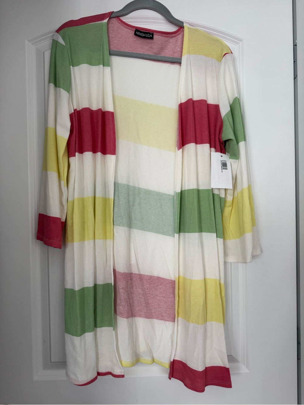 HEIMISH USA Striped Open-Front Cardigan in Coral, Green & Yellow